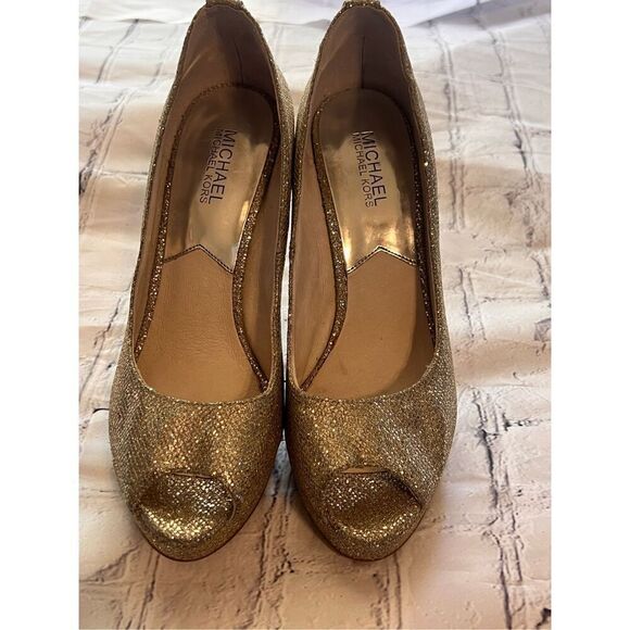 Michael Kors Size 8.5 Gold Sparkle Glitter Platform Peep Toe Pump Heels Bridal - Picture 5 of 16